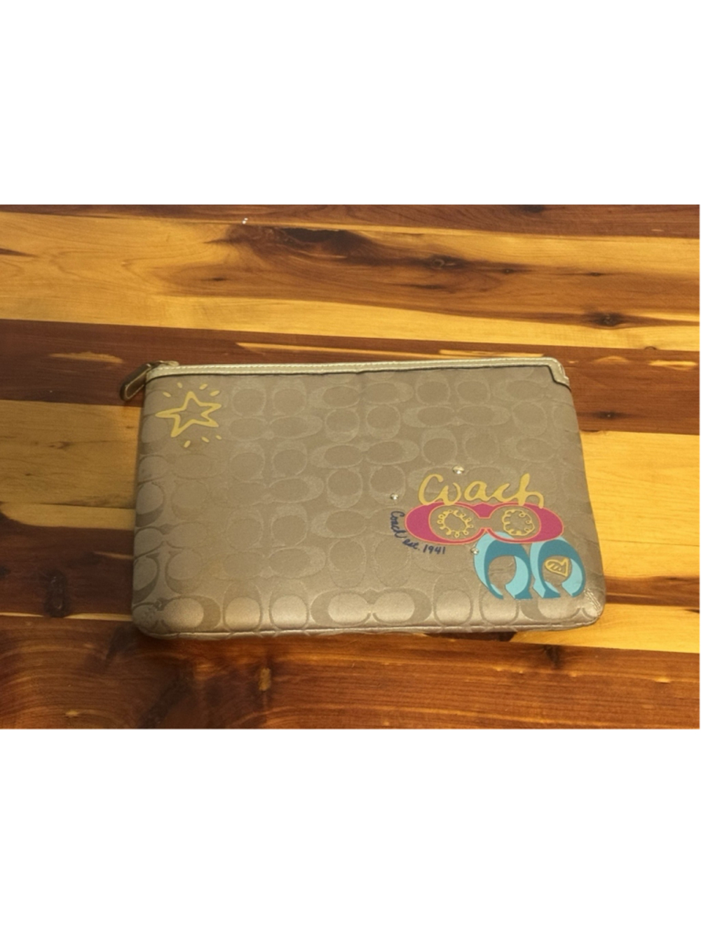 Coach Tablet Sleeve Signature iPad Zip Case Daisy Poppy Applique Khaki Brown
